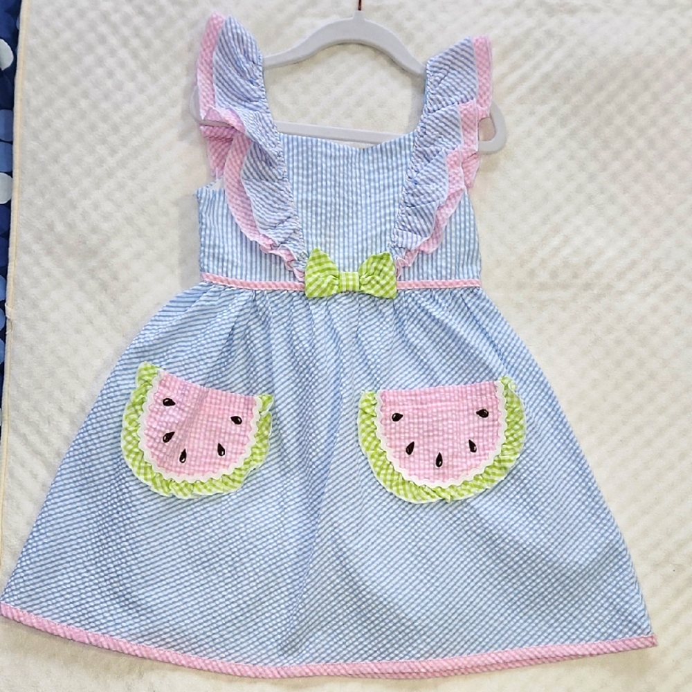 Blue and Pink Kids Dress with Watermelon Design